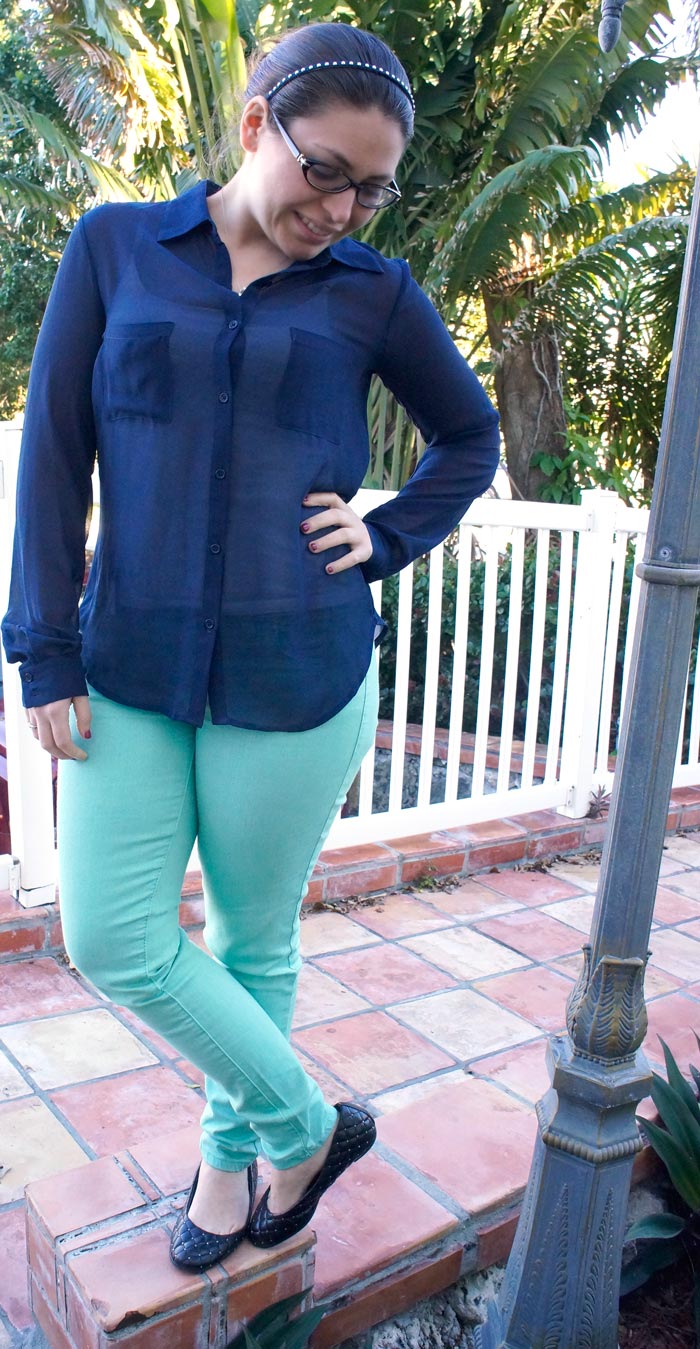 mint and navy outfit, sheer navy top, studded headband