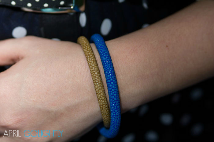 Stingray bracelets in cobalt blue and khaki from Anushka worn by April Golightly #aprilgolightly