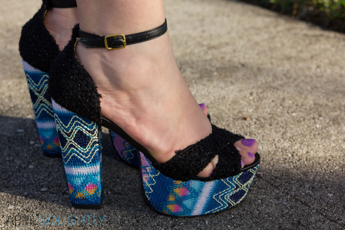 Navajo Print Platform Sandals Shoes with Ankle Strap with black tweed and radiant orchid nail polish
