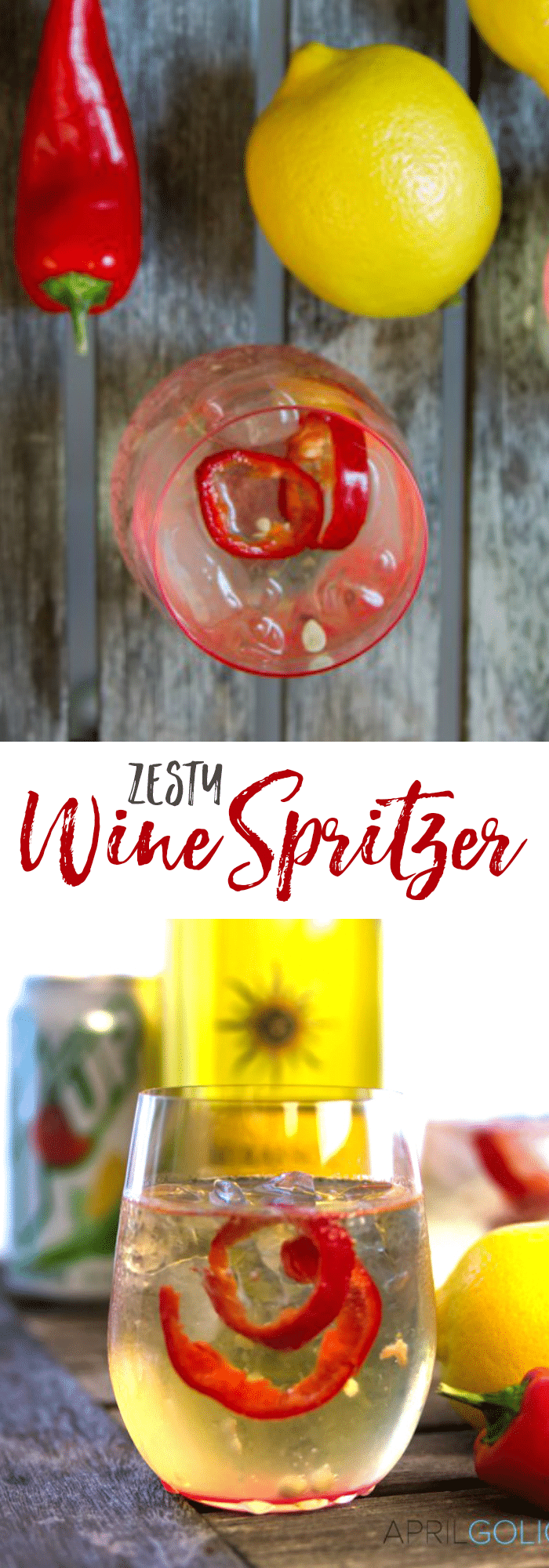 Easy Zesty White Wine Spritzer Recipe with Mirrasou Chardonnay, sprite, red chili peppers, and lemon making it a little spicy 