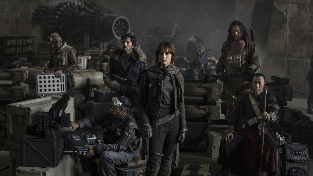 Star Wars: Rogue One..L to R: Actors Riz Ahmed, Diego Luna, Felicity Jones, Jiang Wen and Donnie Yen..Photo Credit: Jonathan Olley..©Lucasfilm 2016