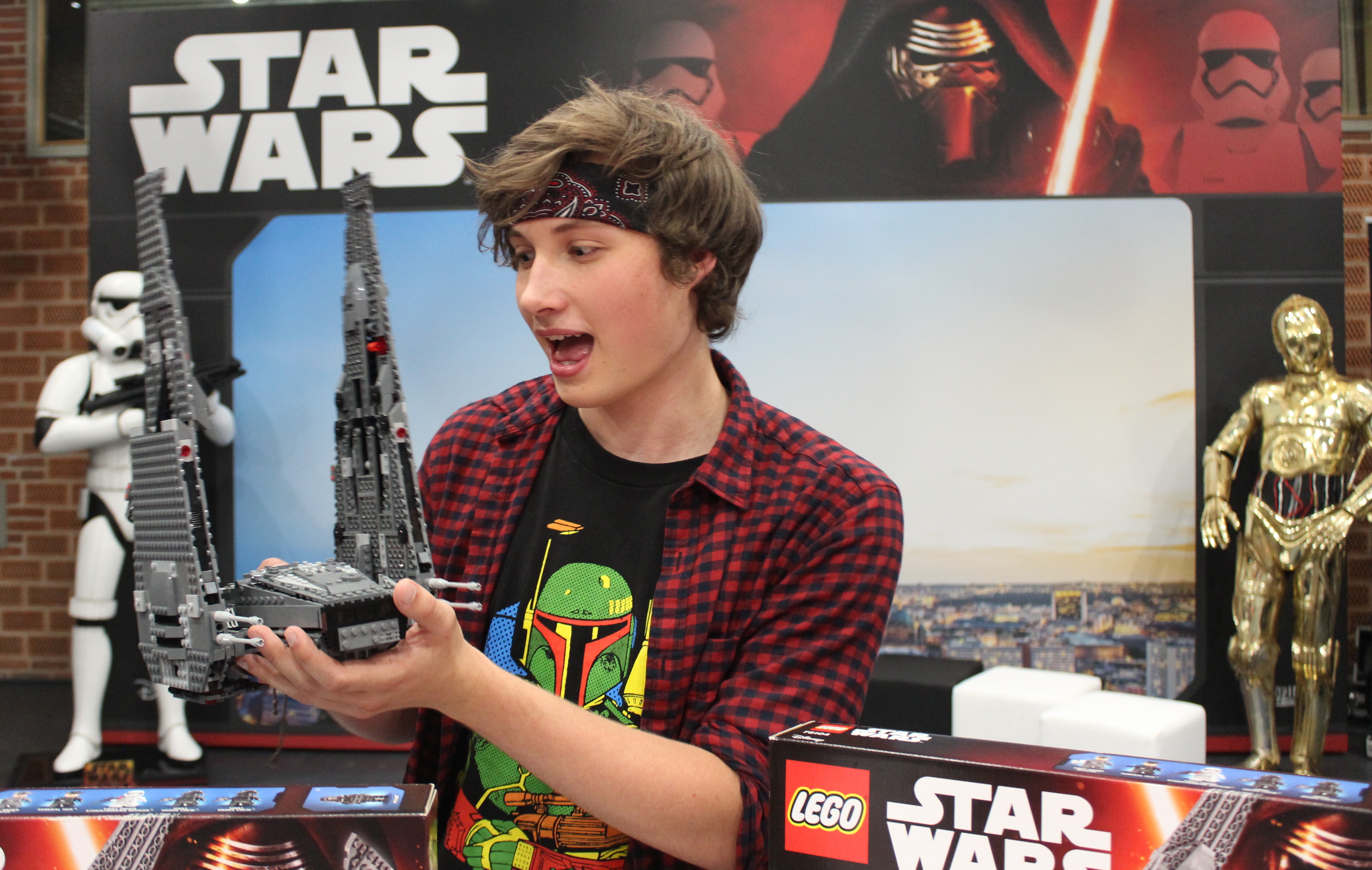 Reyst, a digital star from the Maker Studios network, unboxed LEGO Star Wars Kylo Ren’s Command Shuttle in Berlin, Germany on 3 September 2015 as part of the epic global event marking the countdown to ‘Force Friday’ when merchandise from the highly anticipated new movie goes on sale. Fans can tune in to watch live unboxing events, which unfolds over 18 hours, in 15 different cities and 12 countries on the YouTube Star Wars channel. Retailers around the the globe will open their doors at midnight on 9/4 and fans can document their experiences using #ForceFriday.