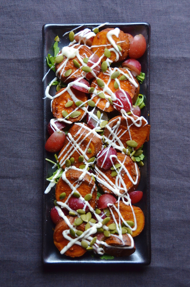 chipotle coca-cola sweet potatoes with grapes and yogurt