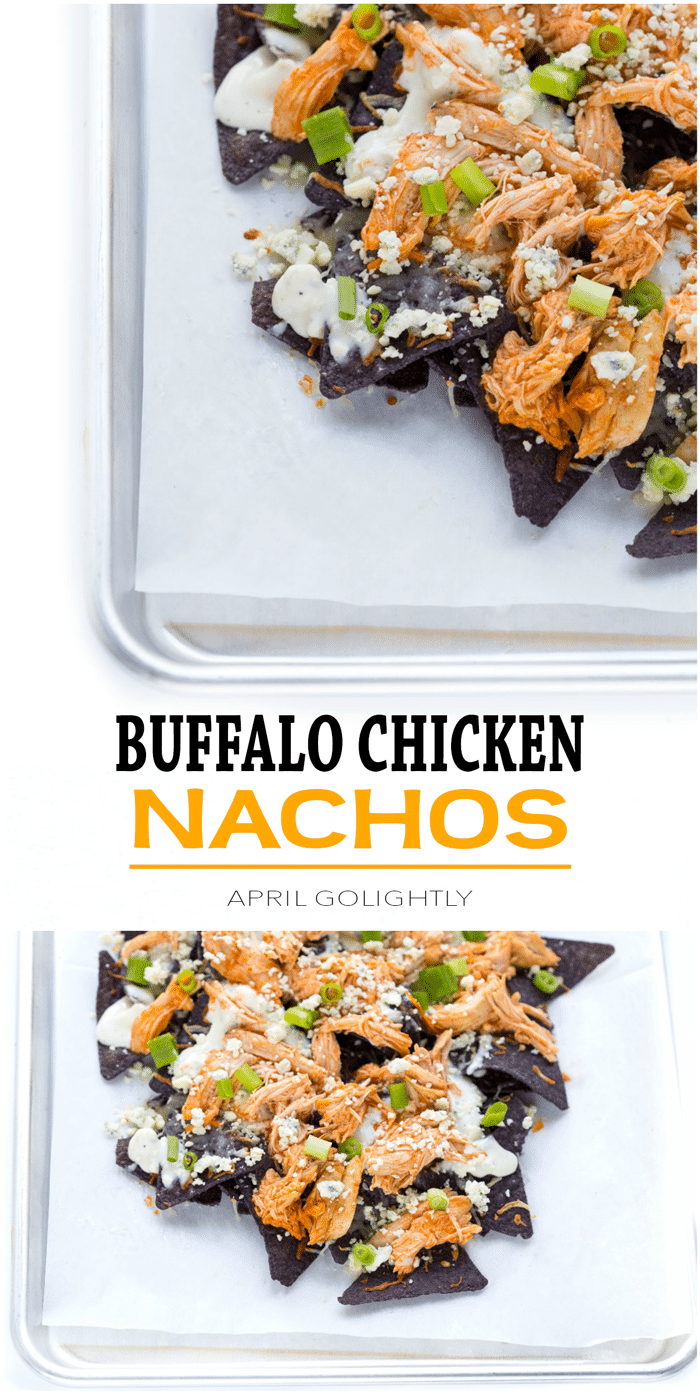 Buffalo Chicken Nachos made in advance with crockpot buffalo chicken and Naturally Fresh Bleu Cheese Dressing and crumbled blue cheese 