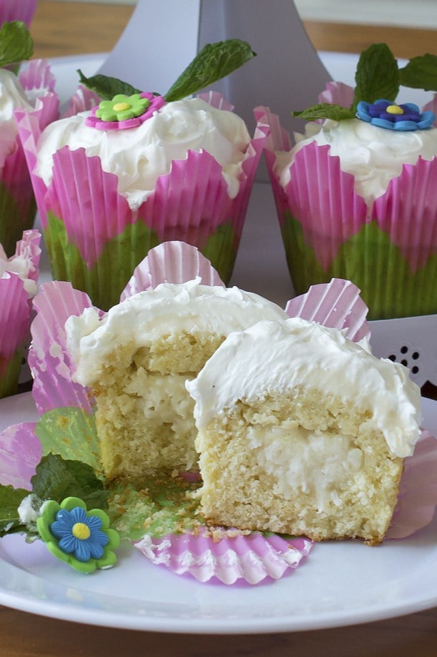 Coconut Surprise KeyLime Cupcakes Recipe for spring with flowers on top 