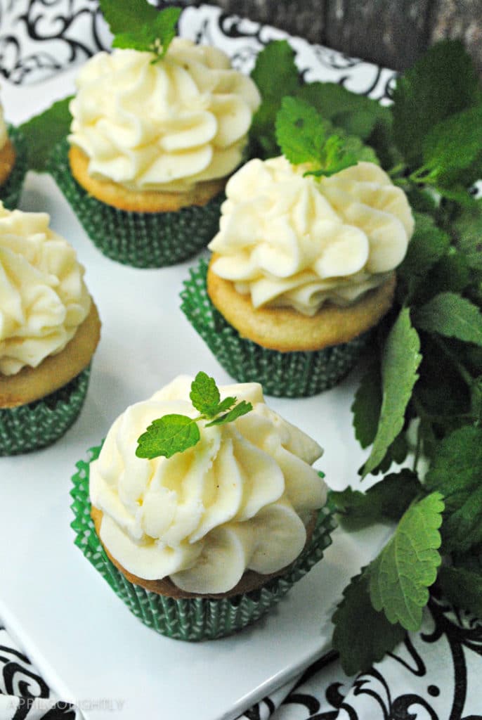 Mint Julep Cupcakes on a white platter
