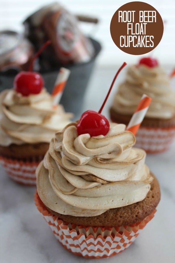 Root Beer Float Cupcakes Recipe with a cherry on top and looks like a drink with a straw