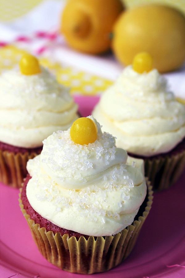 Strawberry Lemonade Cupcakes recipe with a lemon drop candy on top 