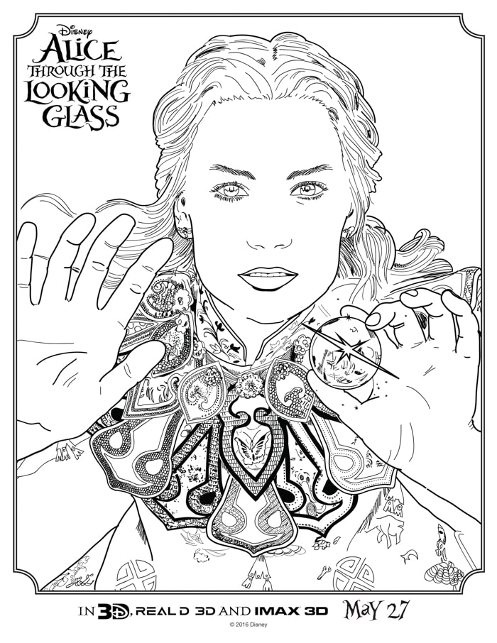 Alice Through the Looking Glass Coloring Sheets from the new Live Action Disney Movie sequel to Alice in Wonderland movie with Alice 