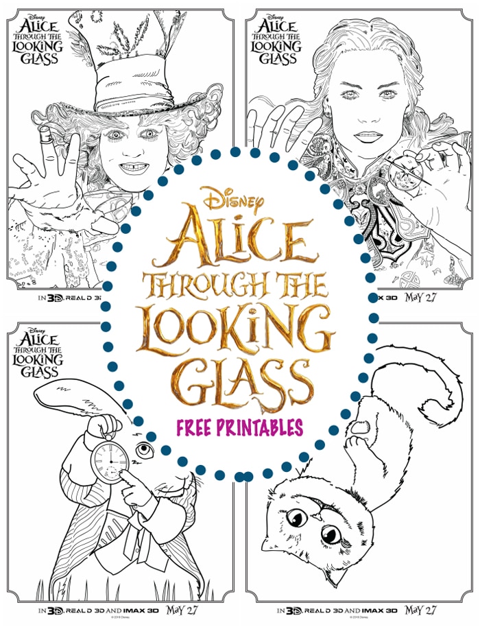 Alice Through the Looking Glass Coloring Sheets from the new Live Action Disney Movie sequel to Alice in Wonderland movie with the Cheshire Cat and rabbit 