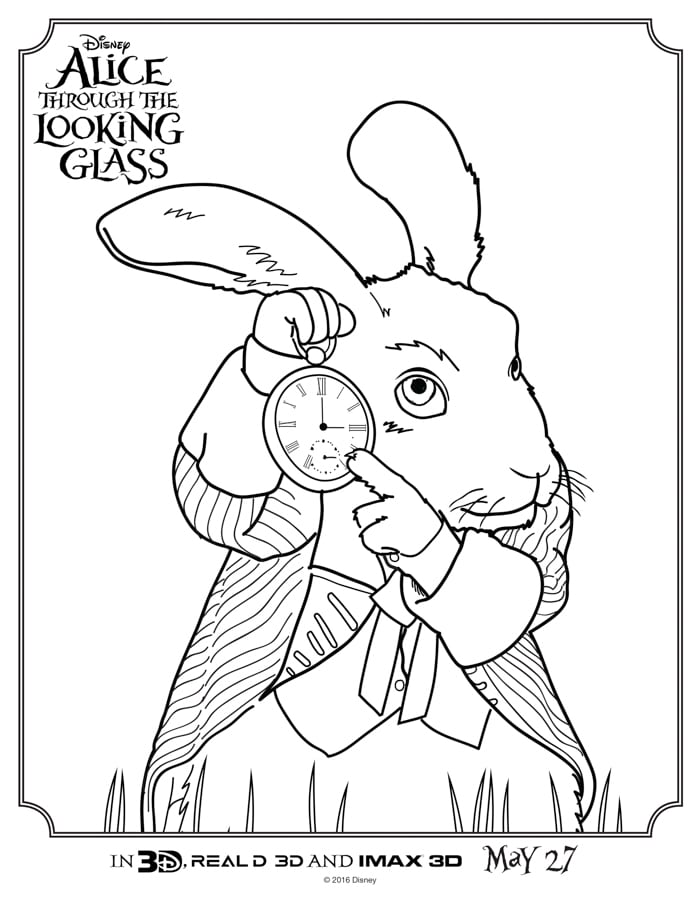 Alice Through the Looking Glass Coloring Sheets from the new Live Action Disney Movie sequel to Alice in Wonderland movie with the Rabbit with the coat and watch