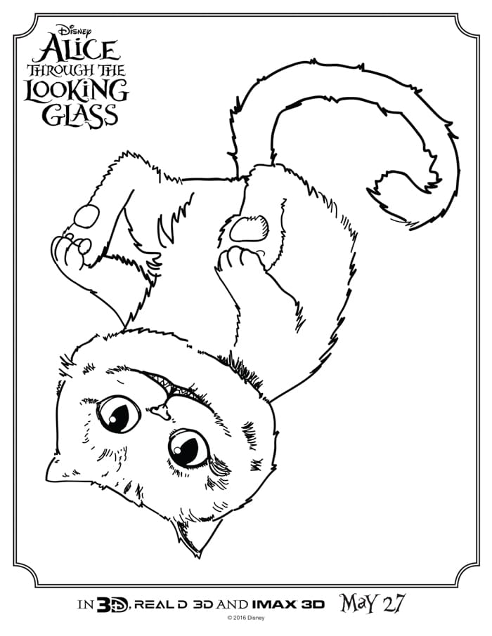 Alice Through the Looking Glass Coloring Sheets from the new Live Action Disney Movie sequel to Alice in Wonderland movie with the Cheshire Cat 
