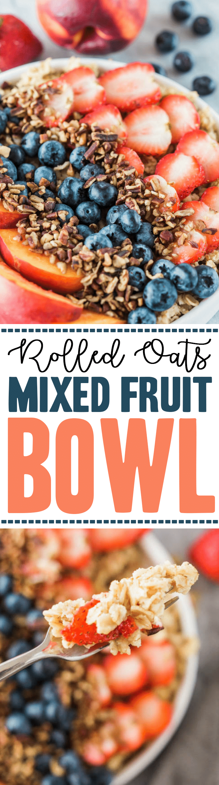 gluten free Rolled Oats Fruit and Nut Bowl - low carb breakfast bowl recipe with strawberries, blueberries, walnuts, and nectarines 