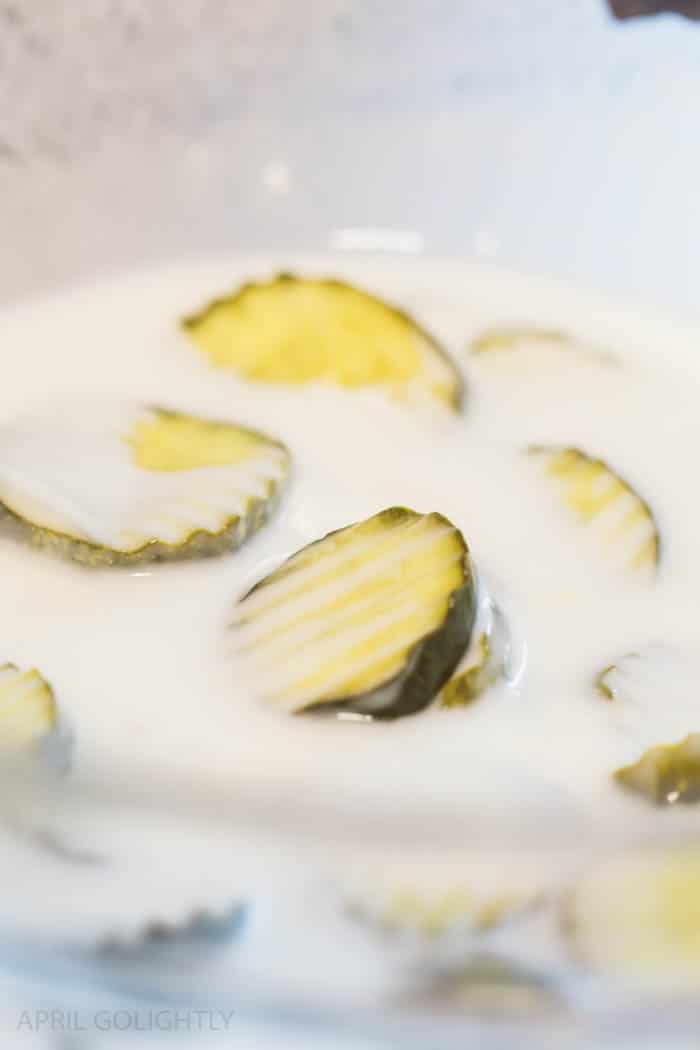 Pickles in buttermilk before frying them. 
