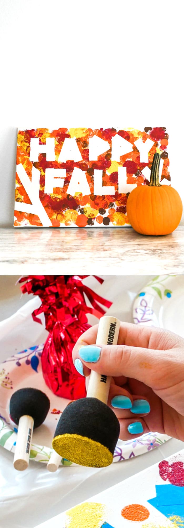 Happy Fall DIY Painting on canvas ideas for home decor using acrylic paint and foam brushes for kids, toddlers, and adults