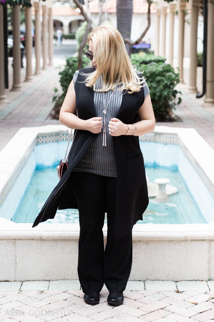 Fall Outfit with Black Boot Pants, Black Booties, Kendra Scott Tassel Necklace and vest 