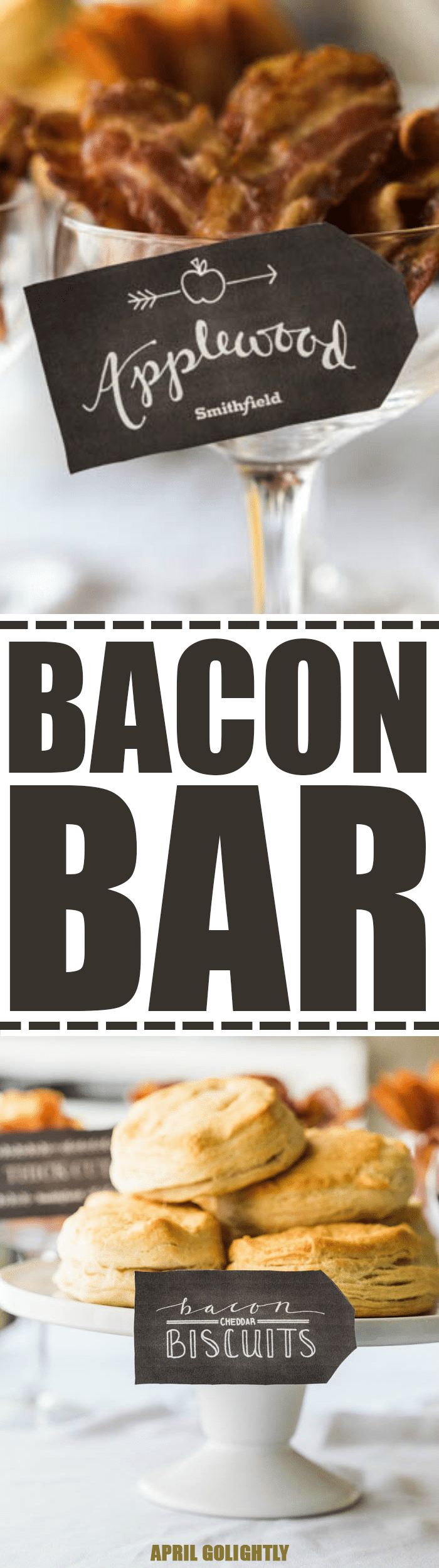 Entertain with a Bacon Bar with Bacon Cheddar Biscuits, Sea Salt Caramel, and different bacons being served with Orange Juice 