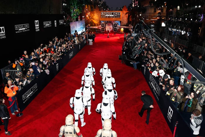HOLLYWOOD, CA - DECEMBER 10: A view of the atmosphere at The World Premiere of Lucasfilm's highly anticipated, first-ever, standalone Star Wars adventure, "Rogue One: A Star Wars Story" at the Pantages Theatre on December 10, 2016 in Hollywood, California. (Photo by Rich Polk/Getty Images for Disney)