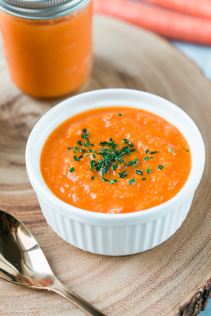 Extremely easy carrot soup recipe made in the Instant Pot pressure cooker mode with carrots, onions, garlic and ginger to help cleanse