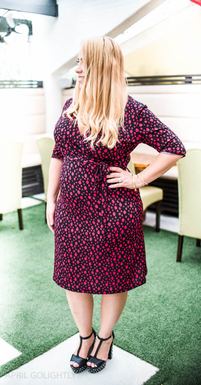 How to Wear a Wrap Dress Outfit to show off your body shape &amp; style. The faux wrap dress (from Stitch Fix box) that is easy to wear for an evening out or to work with a blazer or cardigan