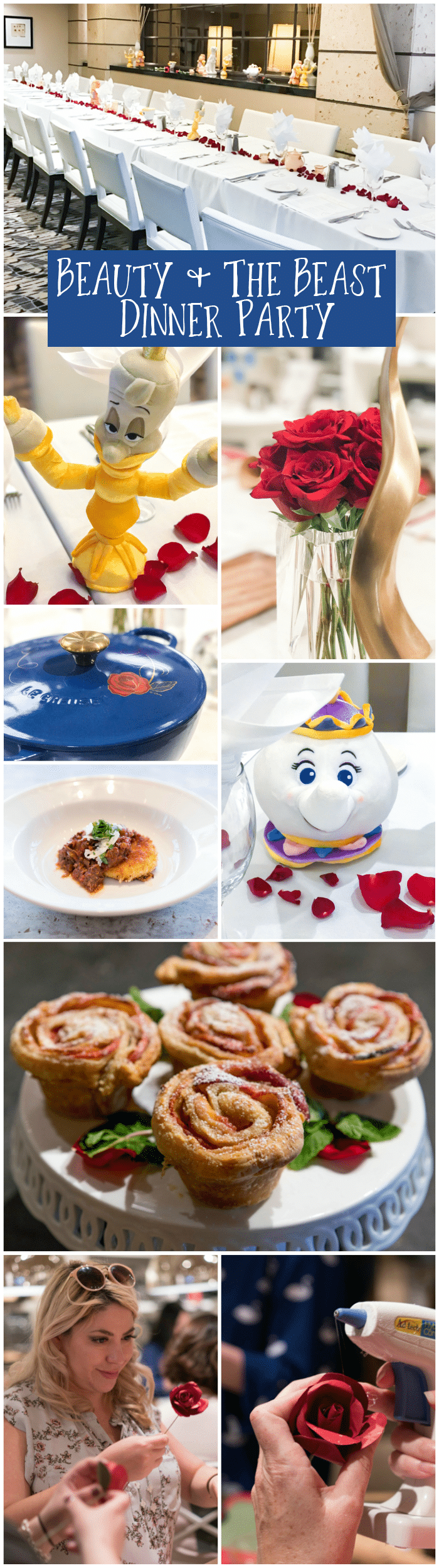Beauty and the Beast Dinner Party with meal planning for appetizers, drinks, main course with tablescape table setting and decor from Williams Sonoma