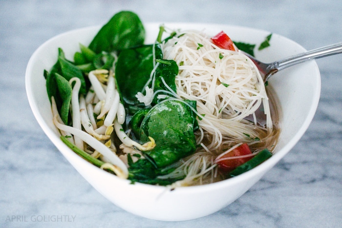 Instant Pot Pho Chicken Soup Recipe made in only 35 minutes with Pho spices, lime, cilantro, tomatoes, hoisin, bean sprouts, and more yummy ingredients