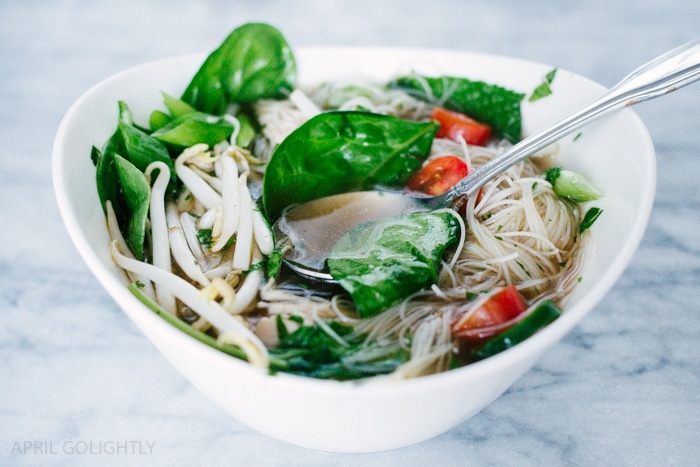 Instant Pot Pho Chicken Soup Recipe made in only 35 minutes with Pho spices, lime, cilantro, tomatoes, hoisin, bean sprouts, and more yummy ingredients