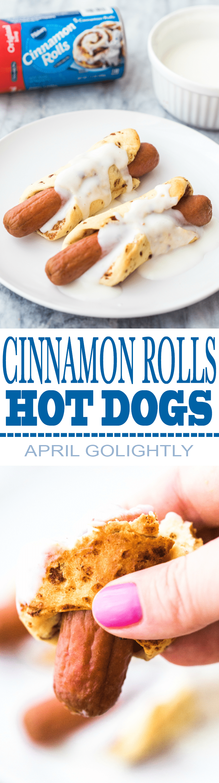 Cinnamon Roll Hot Dog with Yogurt Frosting Dip easy to make dinner recipe that kids love that is made with Pillsbury Cinnamon Rolls with Original Icing