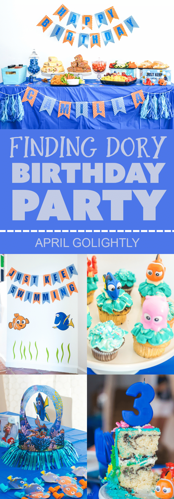 Finding Dory Birthday Party Ideas for a summer pool party with cake and cupcake ideas, party table, decor, and ideas on what stuff in the gift bags