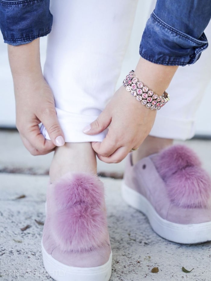 Pom Pom sneakers pink mauve from Sam Edelman worn with Chambray top and white jeans for spring outfit with touchstone swarovski ice bracelets