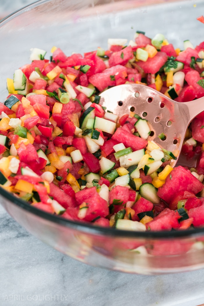 Fresh Watermelon Salsa with Cucumbers and Peppers - April Golightly