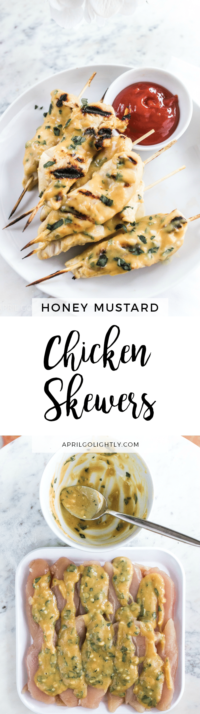 Honey Mustard Chicken Skewers made with French's Honey Mustard, fresh garlic and fresh basil.