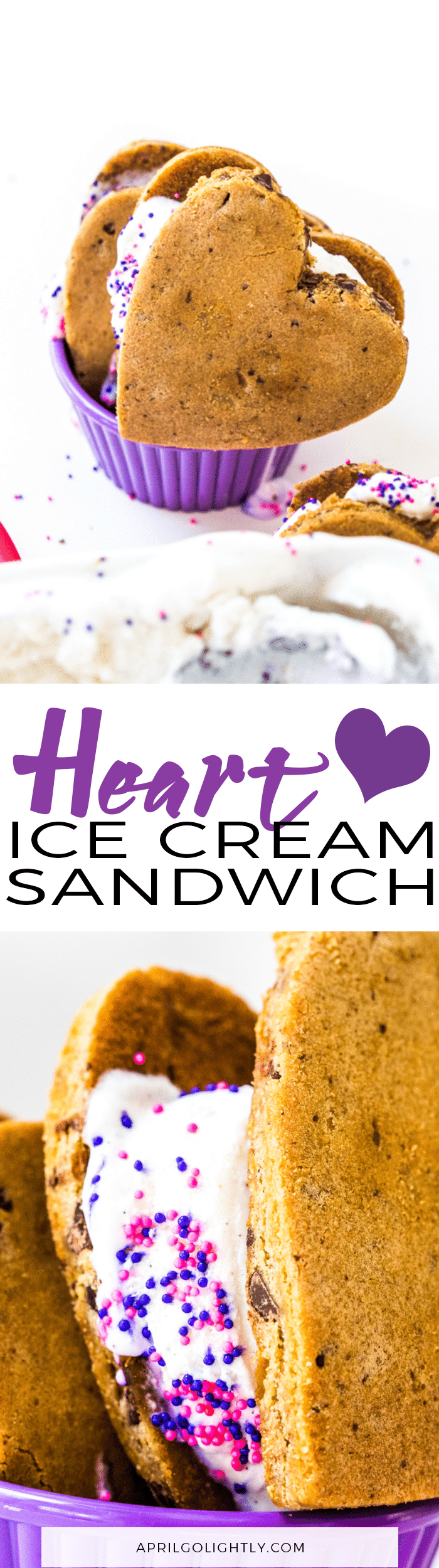 Heart Ice Cream Cookie Sandwich made with Breyer Natural Vanilla and Cookie Cake and Heart-Shaped Cookie Cutter with Pink & Purple Sprinkles 