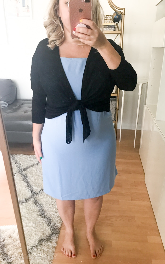 Trunk Club Review with off the shoulder dress and cardigan 