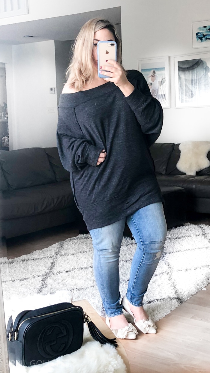 Winter Fashion for Women with high waisted skinny jeans and off the shoulder free people top 