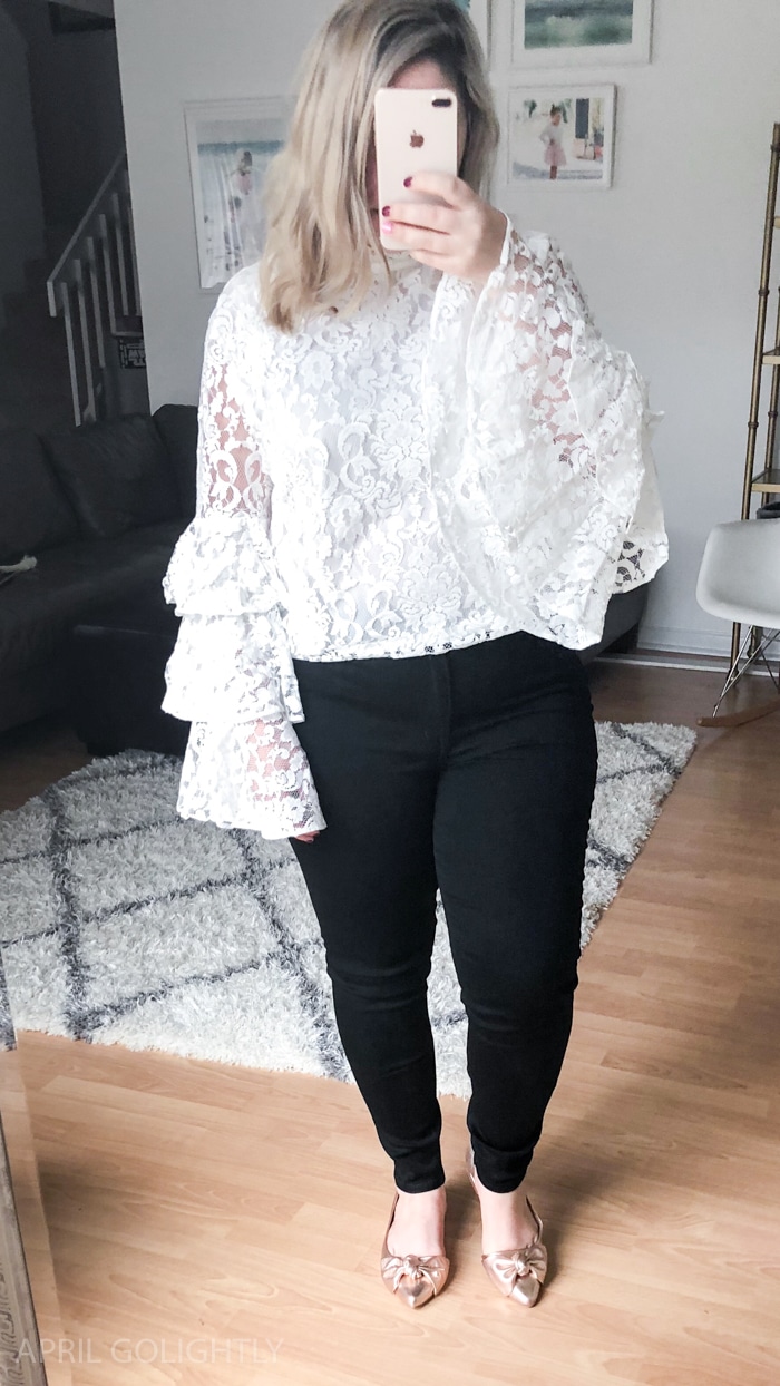 Winter Fashion for Women with high waisted skinny jeans, ruffle lace bell sleeve top, and d'orsay bow flats