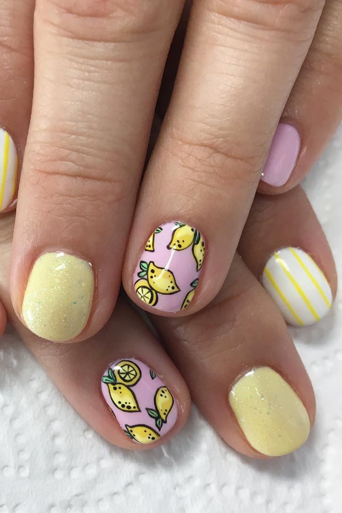 Lemon Nail Art Design with pink and pastels 