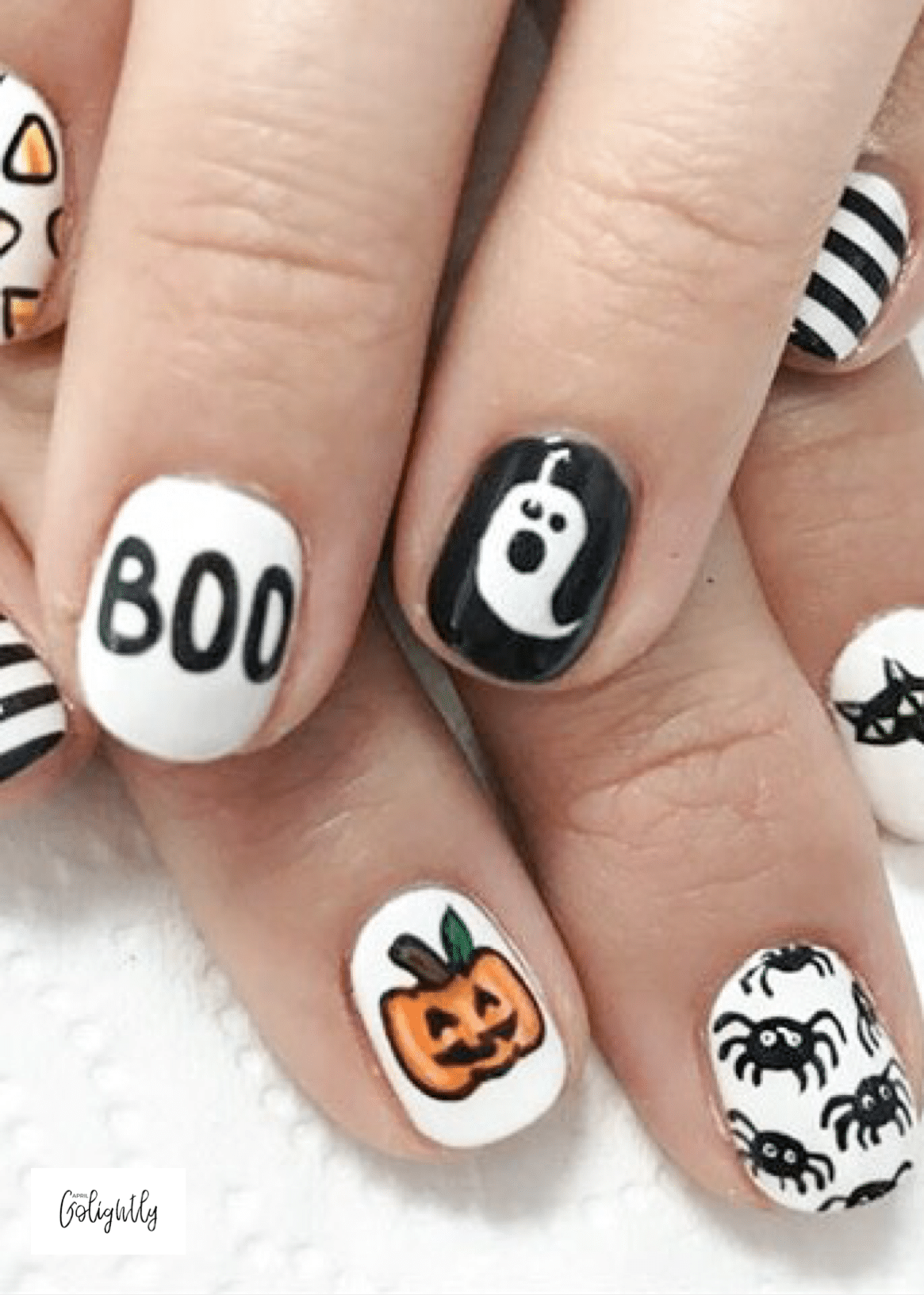 Halloween Nail Designs with Boom, Pumpkin Jackolantern, spiders, cats stripe and candy corn