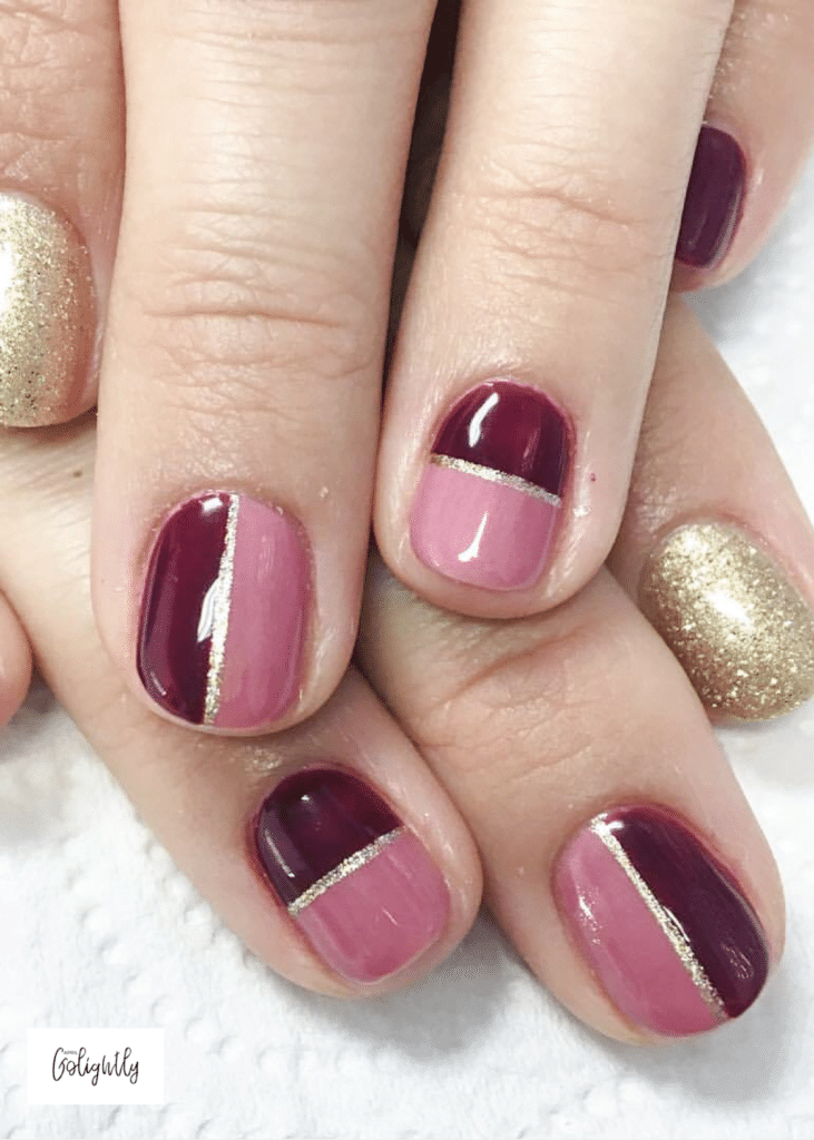 Dark Red Nail Art with Mauve and Gold for fall nails