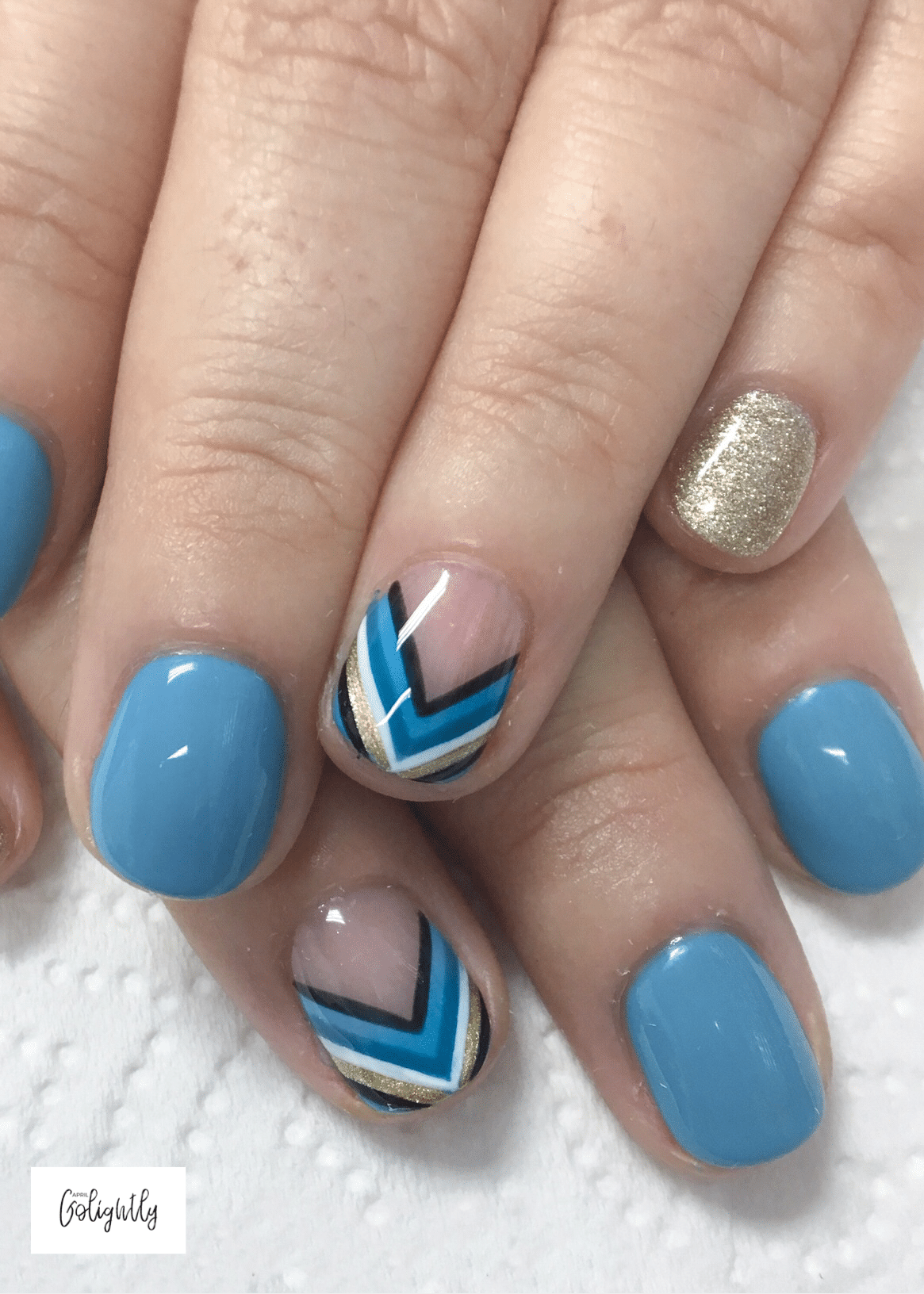 Teal Fall Nail Art Designs chevron with gold and black and white with negative space - french manicure