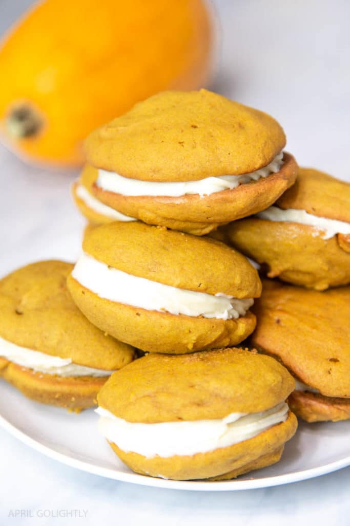 Pumpkin Whoopie Pies Recipe with Cream Cheese Filling April Golightly