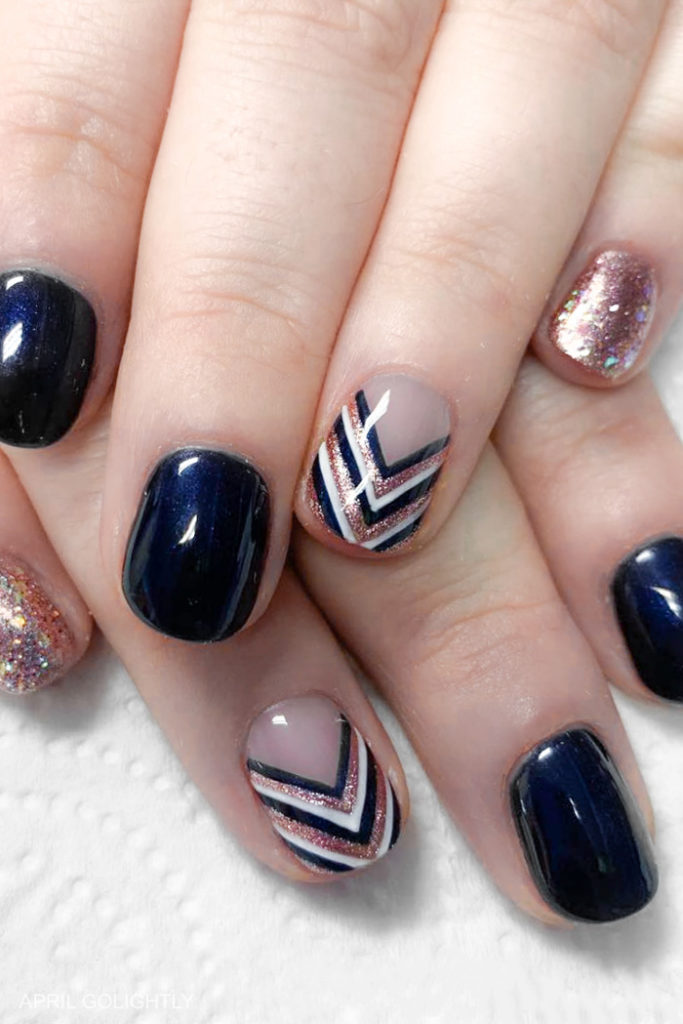 Navy and Rose Gold Nails Chevron