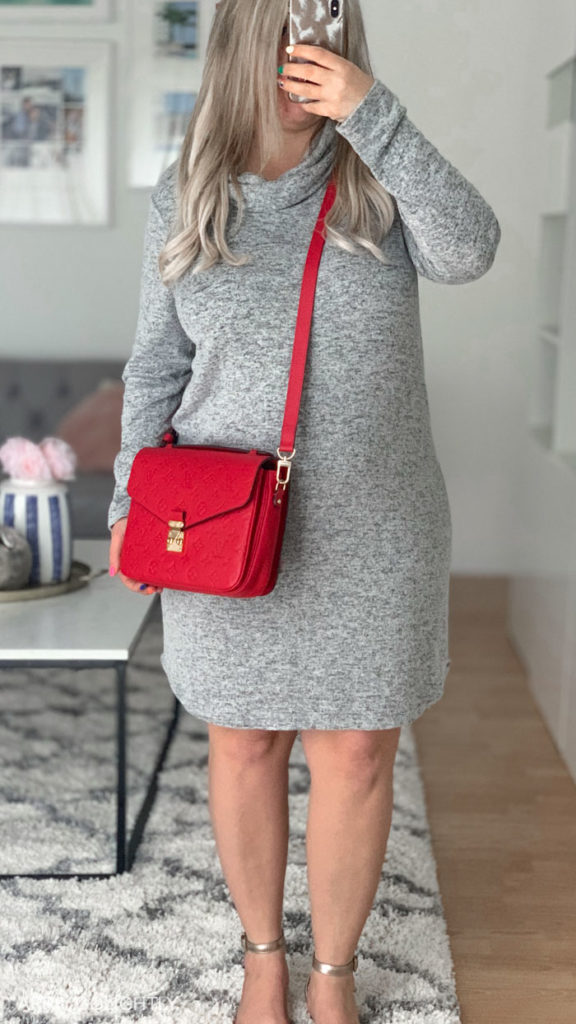 Colors that Go with Red Clothes - grey sweater dress and red bag