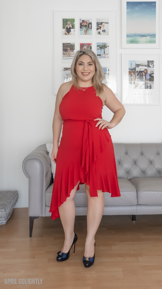 red dress with navy shoes